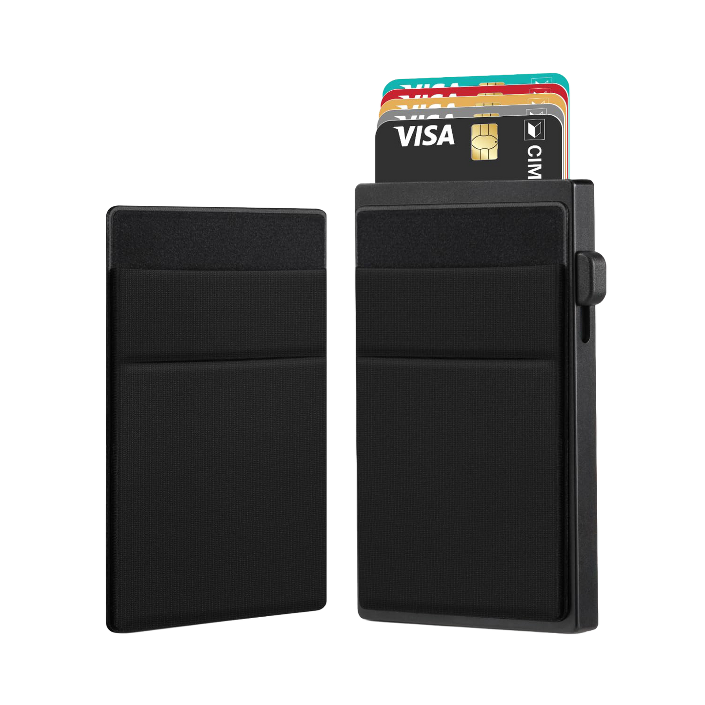 Minimalistisk svart Prymo GRIP kortholder i aluminium med plass til flere kort, kompakt og stilren design.