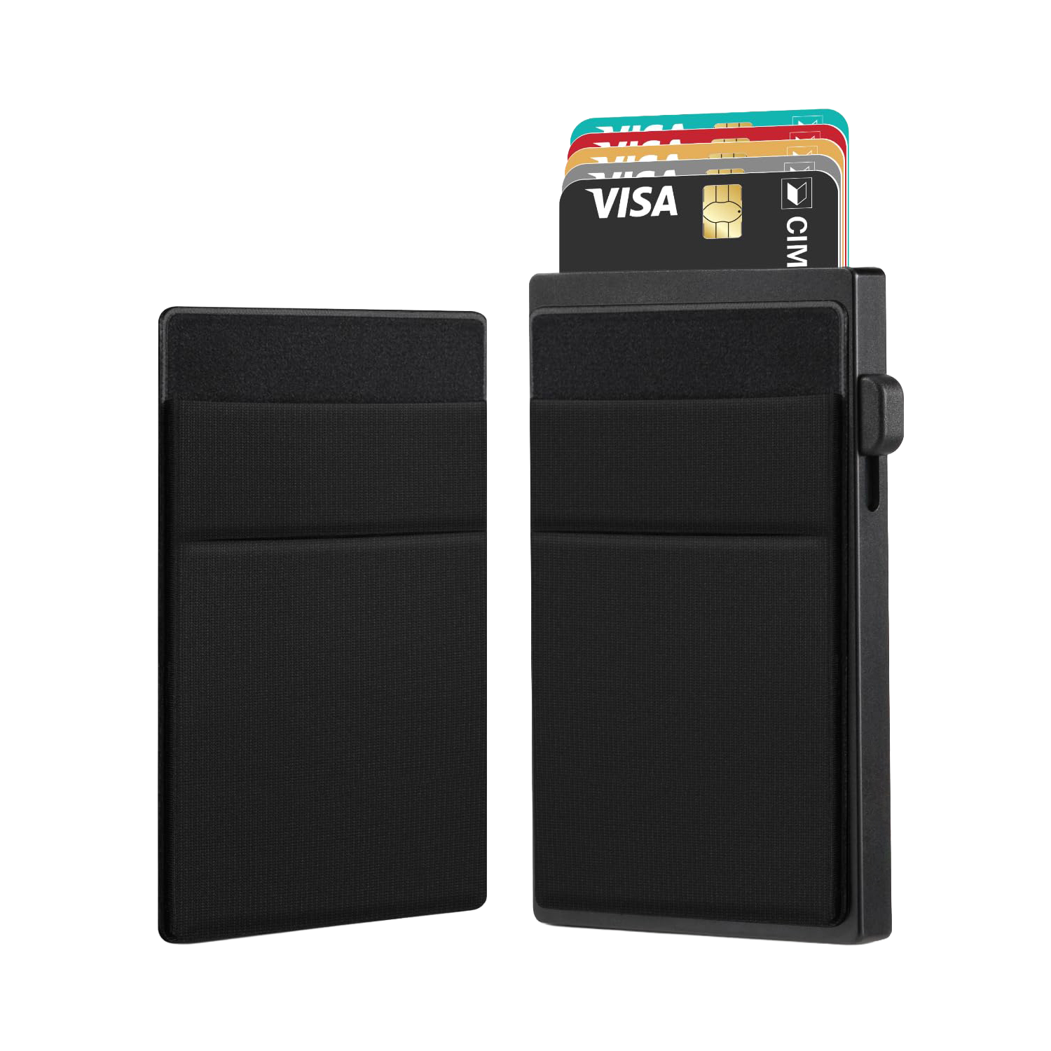 Minimalistisk svart Prymo GRIP kortholder i aluminium med plass til flere kort, kompakt og stilren design.