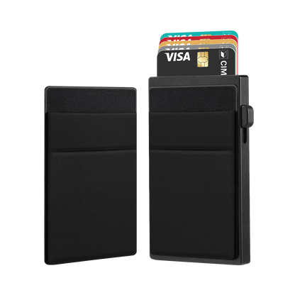 Minimalistisk svart Prymo GRIP kortholder i aluminium med plass til flere kort, kompakt og stilren design.