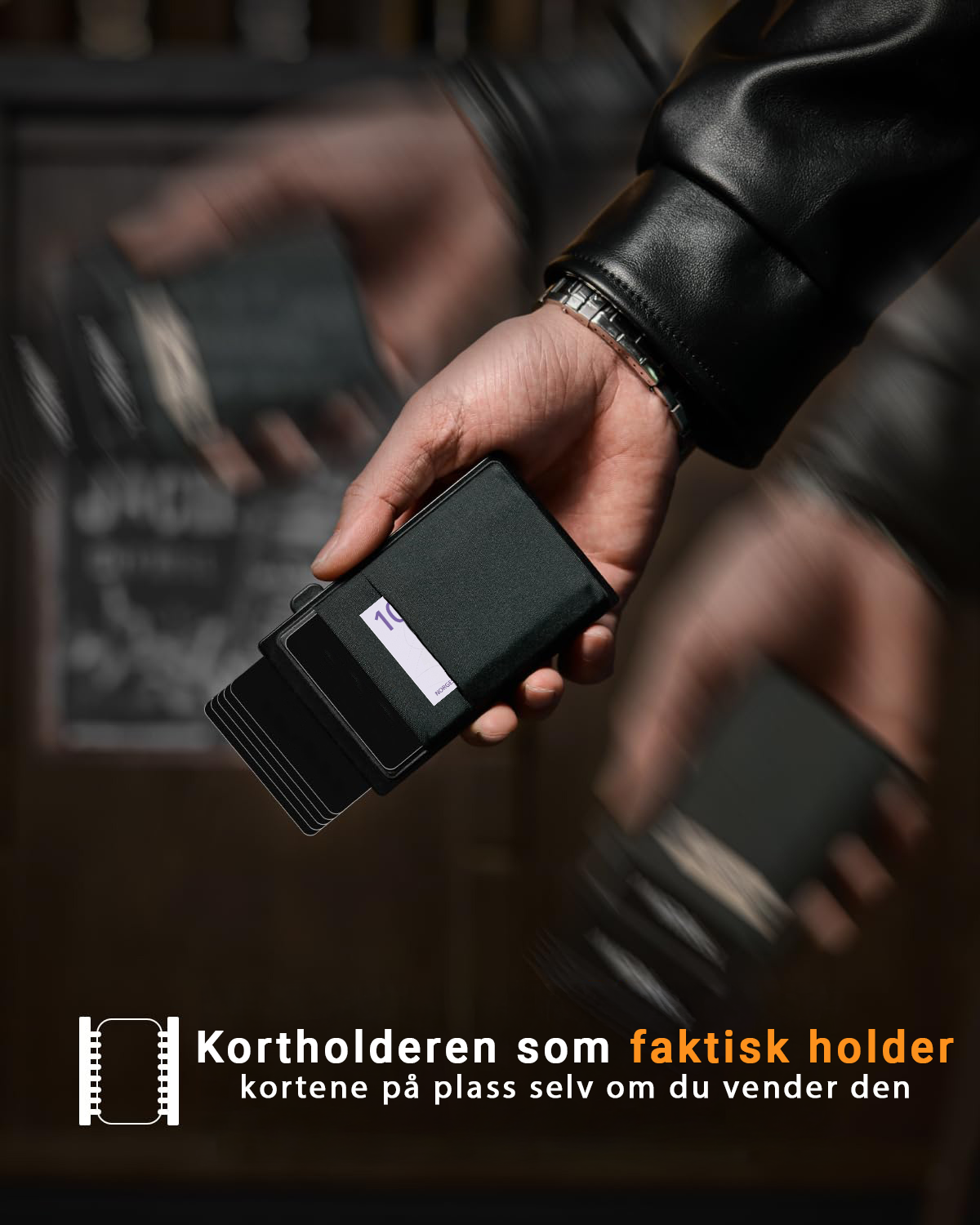 Minimalistisk Prymo GRIP kortholder i slitesterkt aluminium som holder kort trygt på plass ved vending.
